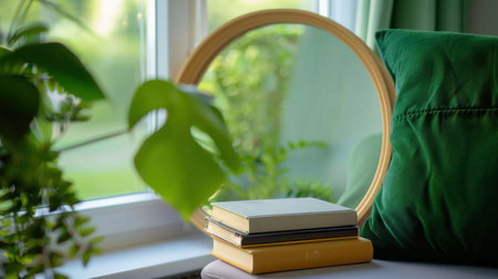 A serene home setting featuring a stack of books beside a soft cushion and a lovely plant, illuminated by gentle natural light through a window.の素材