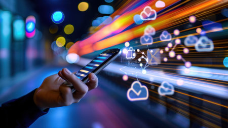 A modern smartphone held in hand with vivid light trails symbolizing fast communication and digital connections among clouds suggesting innovation and technology.の素材