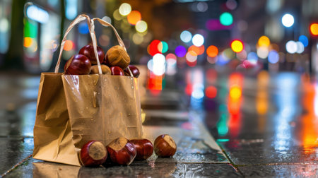 A brown paper bag overflows with fresh chestnuts, placed on a rain-soaked urban street. The colorful bokeh lights create a warm, festive atmosphere.の素材
