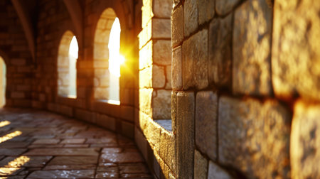 Soft sunlight streams through arched windows, creating enchanting shadows on ancient stone walls, showcasing the beauty of historic architecture and ambiance.の素材