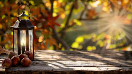This beautiful autumn scene captures a cozy outdoor setting with a lantern, hazelnuts, and warm sunlight filtering through colorful foliage, offering a serene atmosphere.の素材