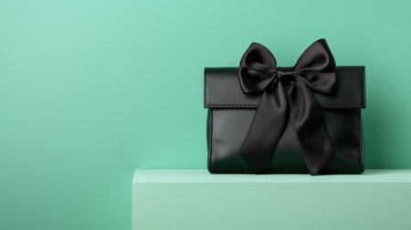 This image features a sleek black gift bag adorned with a luxurious satin bow, set against a stylish mint green background, perfect for gift presentations.の素材