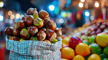 A close-up view of a bag filled with freshly harvested chestnuts, surrounded by a variety of colorful fruits in a bustling market setting, celebrating autumn harvest.の素材