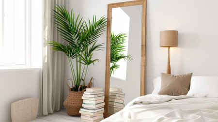 A serene bedroom scene showcasing a stylish mirror, indoor plants, soft bedding, and neatly stacked books, creating a cozy and inviting atmosphere.の素材
