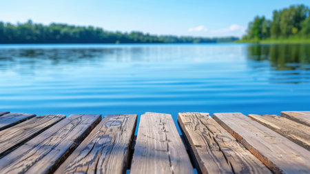 A peaceful wooden dock stretches over a tranquil blue lake, surrounded by vibrant green trees and a clear sky, inviting relaxation and serenity.の素材