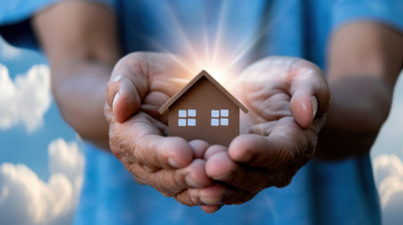A captivating image of hands cradling a miniature house emitting light, representing hope and new beginnings against a serene sky backdrop.の素材