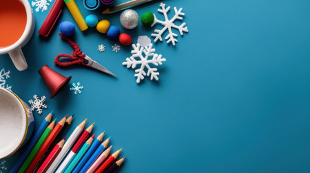 A bright arrangement of winter craft supplies including scissors, colored pencils, pom poms, and a cup of cocoa, perfect for seasonal creative activities.の素材
