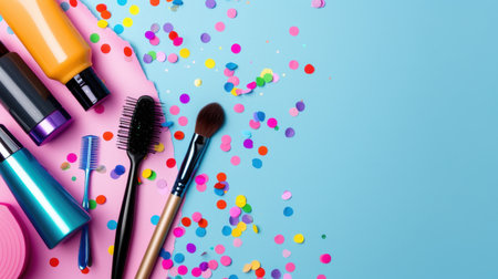 A vibrant flatlay showcasing cosmetic and haircare products arranged artistically with colorful confetti on a light blue background, perfect for beauty marketing.の素材