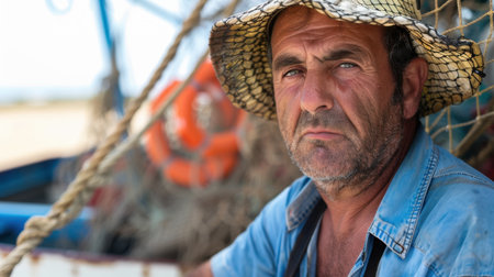 A thoughtful fisherman takes a break on his boat, surrounded by fishing nets. His weathered face and straw hat reflect a life dedicated to the sea.の素材