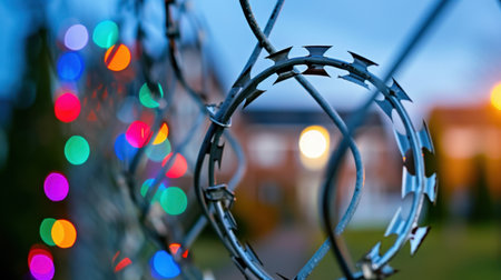 A striking combination of barbed wire and colorful lights creates a strong visual impact at twilight. This image showcases the contrast between security and festive decoration, perfect for showcasing the duality of environments.の素材