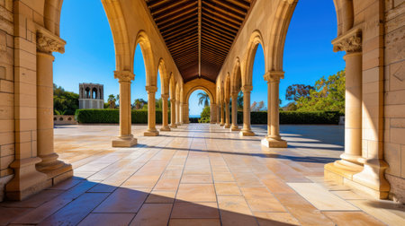 Captivating view of a columned archway illuminated by sunlight in a historic university setting, showcasing architectural beauty and serene atmosphere.の素材
