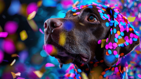This lively image features a joyful Labrador adorned with colorful confetti, embodying the spirit of celebration in a vibrant and playful atmosphere.の素材
