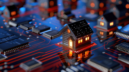 This image features a small house placed on a vibrant circuit board, symbolizing the intersection of technology and residential living in modern contexts.の素材
