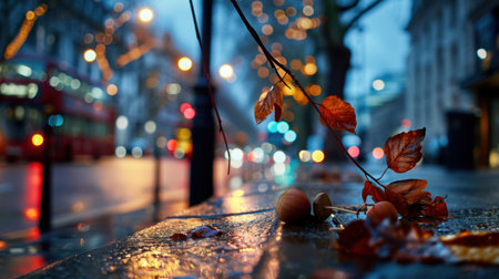 Captivating scene of fallen autumn leaves on a wet street, illuminated by city lights in the background, creating a serene and moody atmosphere.の素材