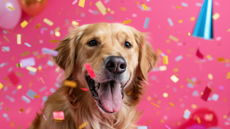 This vibrant image captures a joyful golden retriever celebrating amidst colorful confetti and cheerful decorations, radiating happiness in a festive atmosphere.の素材