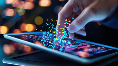 A close-up view of a finger touching a glowing tablet screen, with vibrant particles emerging to represent data interaction and advanced technology.の素材