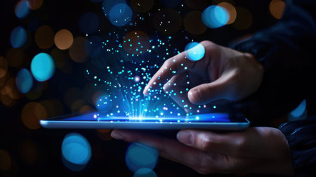 A close-up view of a hand interacting with a tablet that displays an array of glowing particles in a mesmerizing nighttime setting.の素材