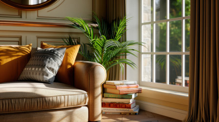 A cozy living room scene featuring a warm couch adorned with a stylish pillow, large windows, indoor plants, and tasteful decor, creating a serene atmosphere.の素材