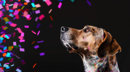 A whimsical image of a playful dog gazing upward with colorful confetti falling around it. This vibrant scene captures the joyful spirit of celebrations with pets.の素材