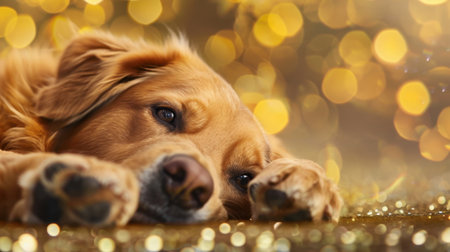 A charming golden retriever dog lies peacefully on a glittery surface, surrounded by soft bokeh lights, creating a cozy and festive ambiance perfect for holiday themes.の素材