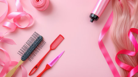 A vibrant flatlay featuring hair styling tools, ribbons, and hair products on a pink background, perfect for beauty and haircare themes.の素材