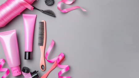 An aesthetically pleasing arrangement of pink beauty products, hair tools, and ribbons on a gray background, ideal for salon and personal care themes.の素材