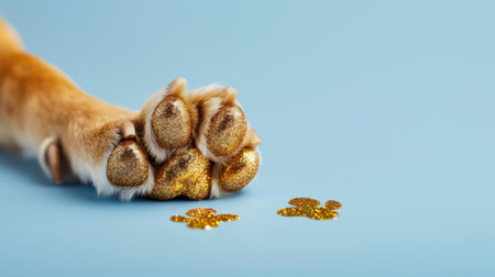 A charming close-up of an adorable animal paw covered with golden glitter, set against a calming blue background, evoking joy and creativity.の素材