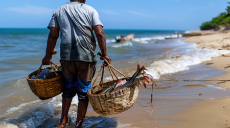 A fisherman carries two baskets filled with fresh catch along a picturesque sandy beach. The serene ocean view and bright sky create a peaceful atmosphere reflective of coastal life.の素材