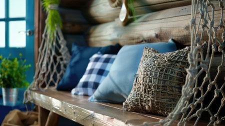 A tranquil rustic seating area featuring an array of decorative cushions on a wooden bench, complemented by a serene backdrop and natural elements.の素材