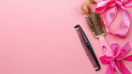 This image features an arrangement of hair care tools on a soft pink background. A hairbrush and comb sit alongside pink ribbons and hair strands, perfect for beauty concepts.の素材