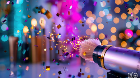 An artistic depiction of a makeup brush surrounded by colorful confetti and blurred lights, perfect for capturing the essence of celebration and beauty.の素材