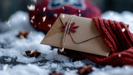 A warm and inviting winter scene featuring a brown envelope adorned with a snowflake, a red yarn scarf, and delicate snowflakes all around.の素材
