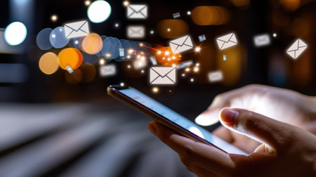 A close-up of a person using a smartphone at night, with vibrant lights in the background and mail notifications symbolizing digital communication.の素材