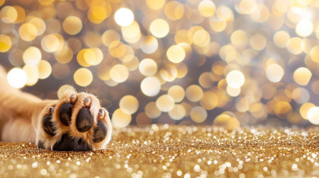 A charming close-up of a cat's paw resting on shimmering gold glitter, creating a festive atmosphere. The soft bokeh background adds a dreamy touch.の素材