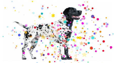 A cheerful Dalmatian dog stands amidst a burst of colorful confetti and stars, radiating joy and playfulness, perfect for vibrant celebrations and artistic projects.の素材
