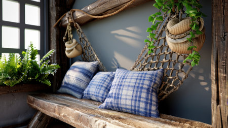 This image features a cozy indoor hammock perfect for relaxation, adorned with soft cushions and surrounded by lush greenery, creating a warm ambiance.の素材