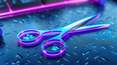 This vibrant image features neon scissors with paw prints, resting on a dark surface. Ideal for pet grooming, it showcases modern design and colorful aesthetics.の素材
