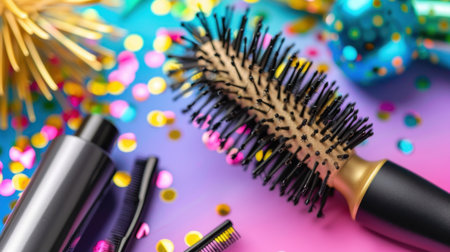A vibrant and colorful composition featuring hair styling tools like a hairbrush and comb amidst festive decorations, creating a cheerful and lively ambiance.の素材