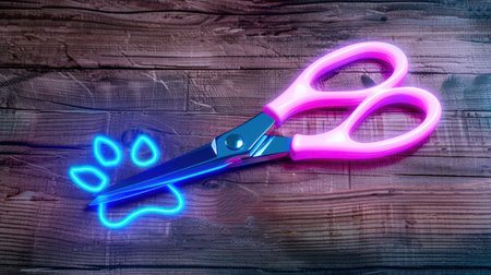 A vibrant visual of bright pink scissors poised to cut a glowing neon paw print against a rustic wooden backdrop, showcasing creativity and playful artistry.の素材