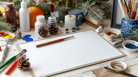 A well-organized art workspace featuring a blank canvas, paint brushes, and various art supplies surrounded by natural decorations, perfect for creativity.の素材