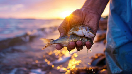 A fisherman proudly displays his freshly caught fish against a stunning sunset backdrop at the beach. Water glistens with vibrant colors, showcasing nature's beauty.の素材