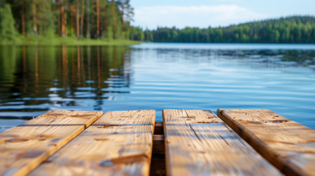 A tranquil wooden dock extends over a calm lake, inviting relaxation amidst the serene beauty of nature. Lush green forests background enhances the peaceful setting.の素材