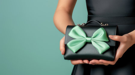 A fashionable woman presents a chic black handbag adorned with a mint green bow. Against a soft turquoise backdrop, the accessory exudes elegance and style, ideal for any occasion.の素材