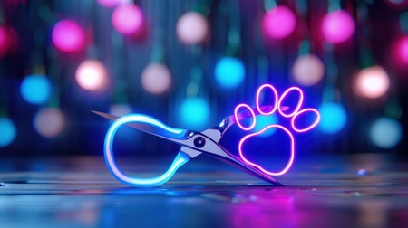 This captivating image features vibrant scissors alongside a neon paw print on a sparkling background, ideal for pet grooming themes or creative projects.の素材
