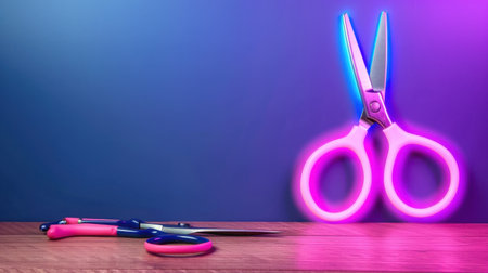 This image features brightly colored scissors illuminated by neon lights, set on a wooden surface with a gradient background, ideal for creative projects.の素材