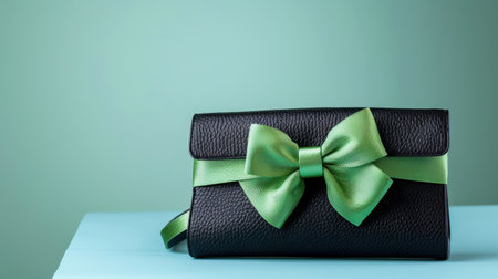This image showcases an elegant black clutch adorned with a striking green bow, presented against a soft, minimalist background, ideal for fashion themes.の素材