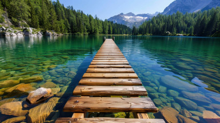 A stunning view of a wooden pier extending into a clear turquoise lake, surrounded by vibrant trees and majestic mountains. This tranquil scene evokes a sense of peace and adventure.の素材