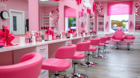 A chic beauty salon interior featuring stunning pink decor, modern chairs, and well-organized styling stations, creating a vibrant and inviting atmosphere.の素材