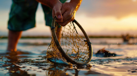 A fisherman skillfully uses a net to catch fish in calm waters during a stunning sunset, creating a serene and beautiful outdoor scene.の素材