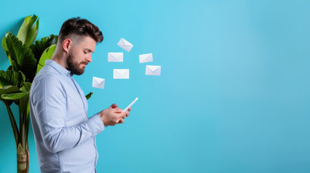 A young man engaged with his smartphone stands beside a vibrant palm plant. Floating envelopes represent the dynamic nature of digital communication.の素材